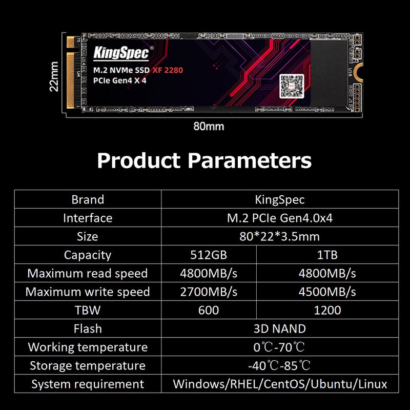KingSpec XF 2280 1TB M.2 NVMe PCIe Gen4.0x4 SSD Solid State Drive High-speed Transmission 3D NAND Flash Low Power Consumption - Image 3