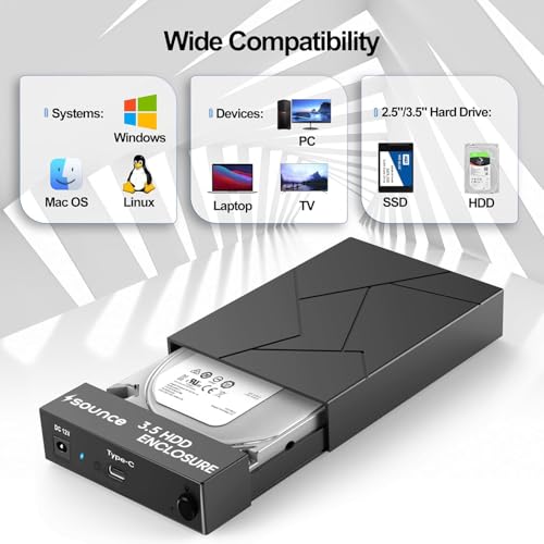 Sounce Type C Hard Drive Enclosure, External Hard Drive Docking Station for 3.5/2.5 Inch SATA Hard Drives/SSD with 16 TB+, Tool-Free HDD Enclosure 12V/2A Power Supply UASP (Black) - Image 5