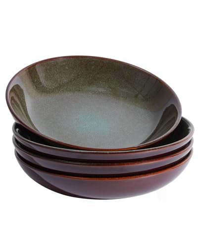 Pokini 8.75 Inch Large Ceramic Pasta Bowls, 32 Oz Reactive Glaze Stoneware Pasta Serving Bowls Set of 4 for Kitchen, Wide Bowls for Fruit,Pasta,Salad,Soup, Scratch Resistant-Brown and Green - Image 1