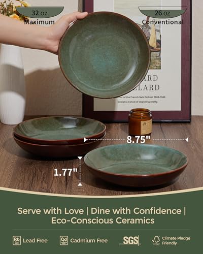 Pokini 8.75 Inch Large Ceramic Pasta Bowls, 32 Oz Reactive Glaze Stoneware Pasta Serving Bowls Set of 4 for Kitchen, Wide Bowls for Fruit,Pasta,Salad,Soup, Scratch Resistant-Brown and Green - Image 2