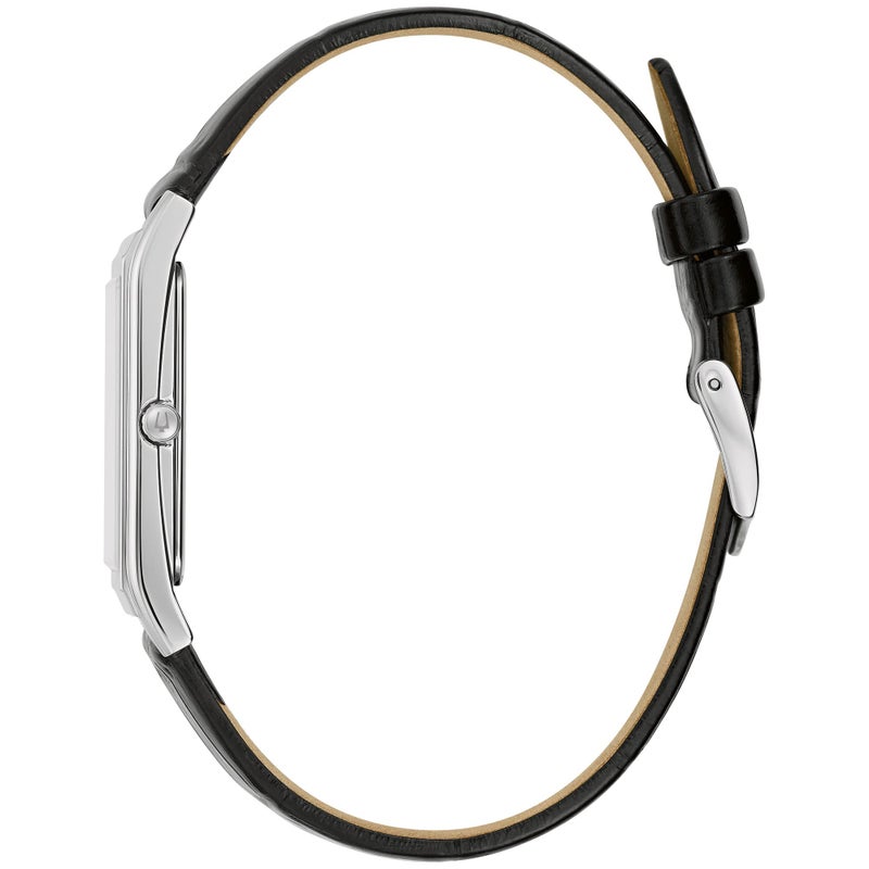 Bulova ساعة بولوفا للرجال من الفولاذ المقاوم للصدأ بتقويم تاريخ ثلاثي العقارب مع حزام جلد أسود، تصميم قرص مستطيل: 96B107 - Image 2