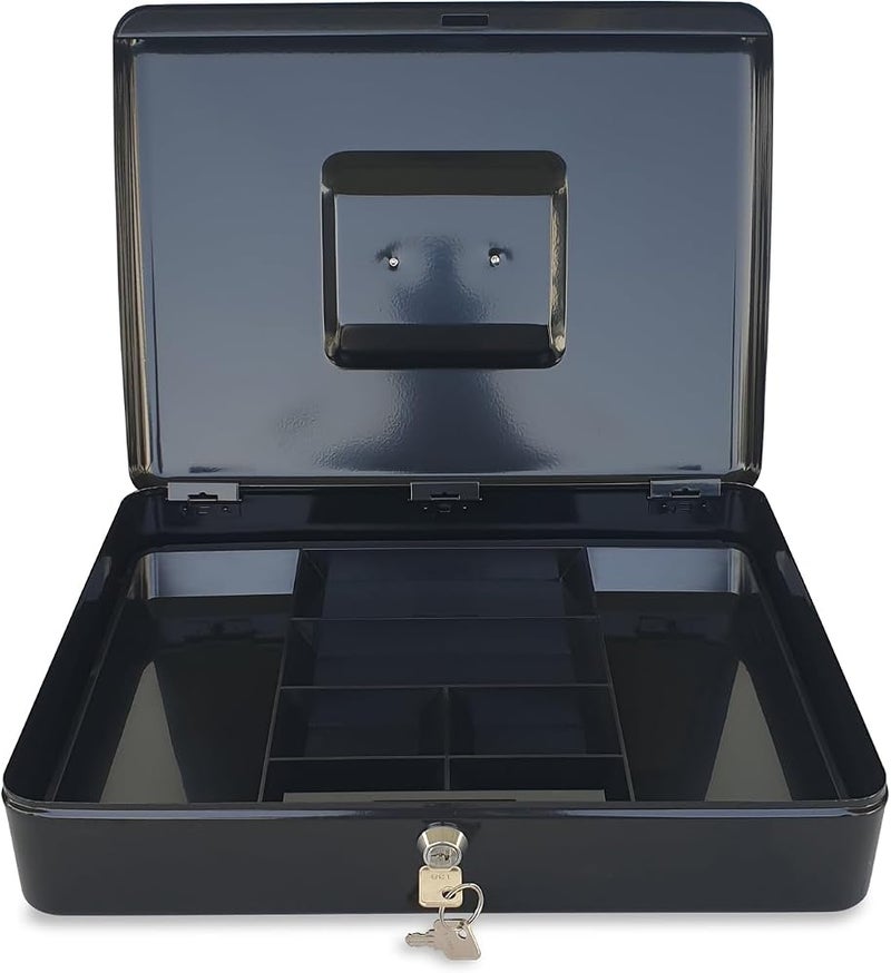 Maxi Large Cash Box (14.5 Inch 370x280x90mm) Steel Register with Tray and Lock Durable Portable Money Box Safe for Bills Jewelry Receipts Coins Black - Image 1