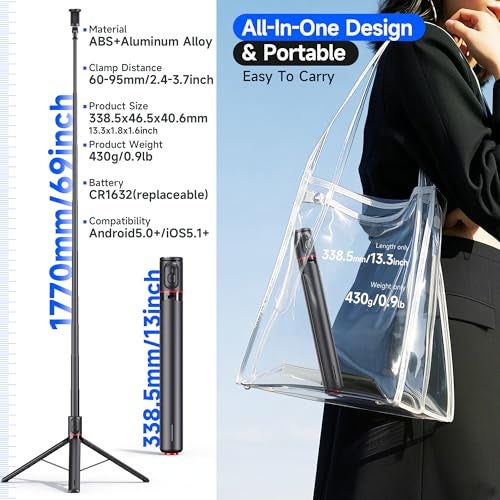 WeCool S7 Pro Long Selfie Stick with Tripod Stand 69"/177cm, 360 Degree Rotation Selfie Stick Tripod, Magnetic Remote with ABS+Aluminum Body, Auto Pop Open for Hands-Free Photo & Live Video Shoot - Image 4