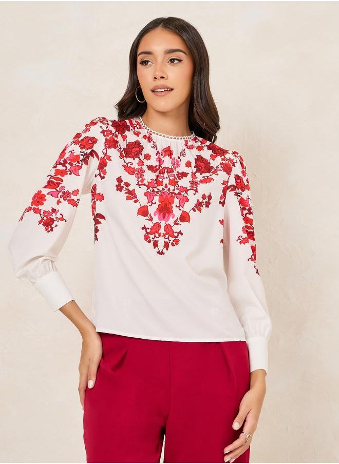 Styli Floral Print High Neck Regular Fit Blouse  - Image 4