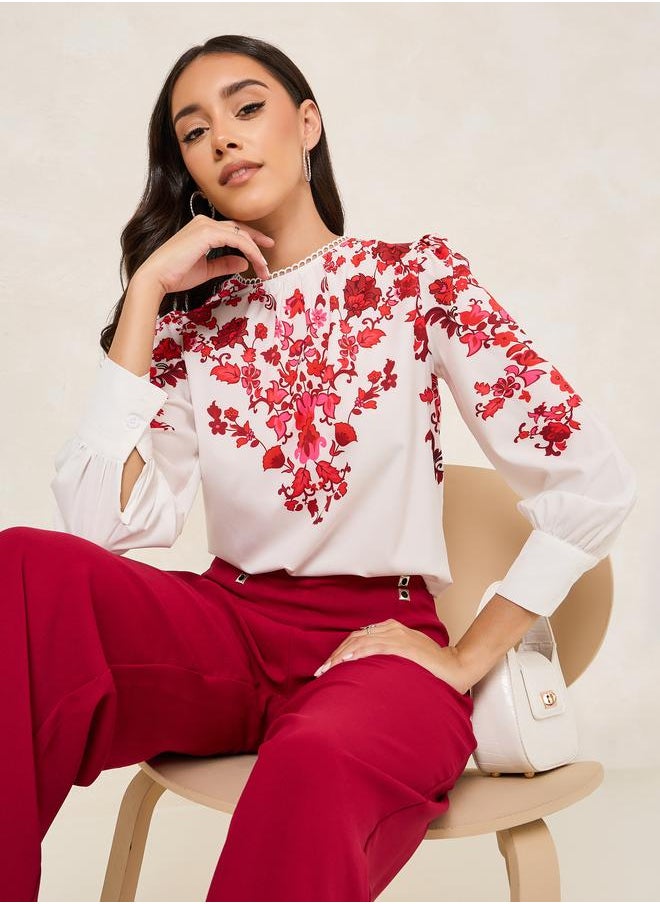 Styli Floral Print High Neck Regular Fit Blouse  - Image 1