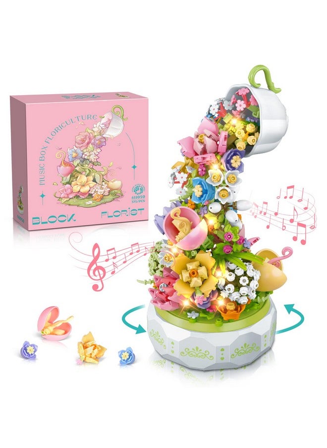 Hogokids Flowers Music Box Building Set With Light Creative Bouquet Botanical Rotating Music Box Building Blocks Kits ; Diy Artificial Flower Plant Decor Gift For Adults Kids Girls Ages 6+ (575 Pcs)  - Image 2