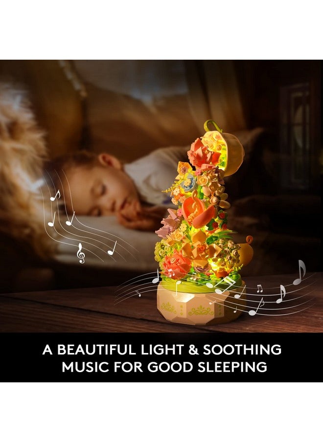 Hogokids Flowers Music Box Building Set With Light Creative Bouquet Botanical Rotating Music Box Building Blocks Kits ; Diy Artificial Flower Plant Decor Gift For Adults Kids Girls Ages 6+ (575 Pcs)  - Image 3