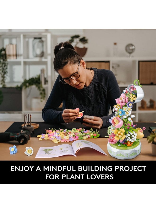 Hogokids Flowers Music Box Building Set With Light Creative Bouquet Botanical Rotating Music Box Building Blocks Kits ; Diy Artificial Flower Plant Decor Gift For Adults Kids Girls Ages 6+ (575 Pcs)  - Image 4