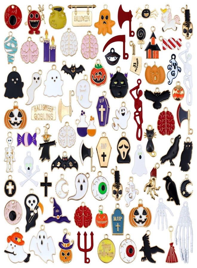 JIALEEY 81PCS Halloween Charms, Wholesale Bulk Lots Hallowmas Skull Skeleton Charms Mixed Gold Plated Enamel Halloween Mask Pendants DIY for Jewelry Making and Crafting - Image 1