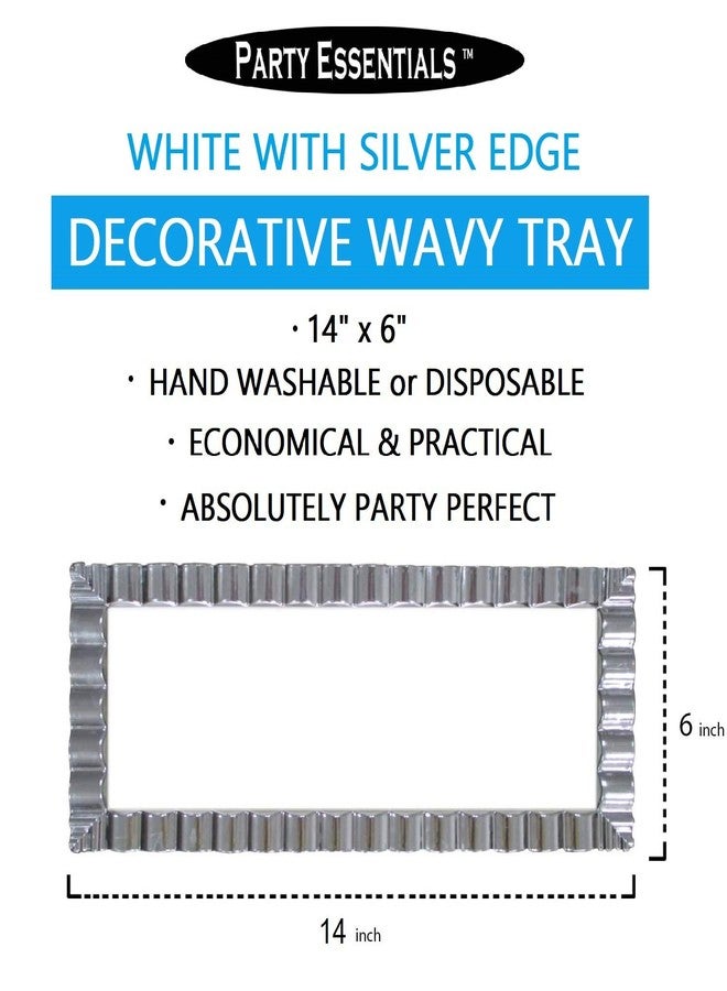 Party Essentials أساسيات الحفلات: صواني بلاستيكية صلبة قابلة للتصرف مزخرفة بشكل متموج، 14" × 6"، حافة بيضاء/فضية - Image 2