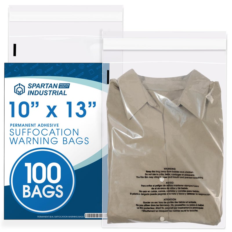 Spartan Industrial Spartan Industrial  10 X 13 100 Count Self Seal Clear Poly Bags with Suffocation Warning for Packaging T Shirts  Permanent Adhesive