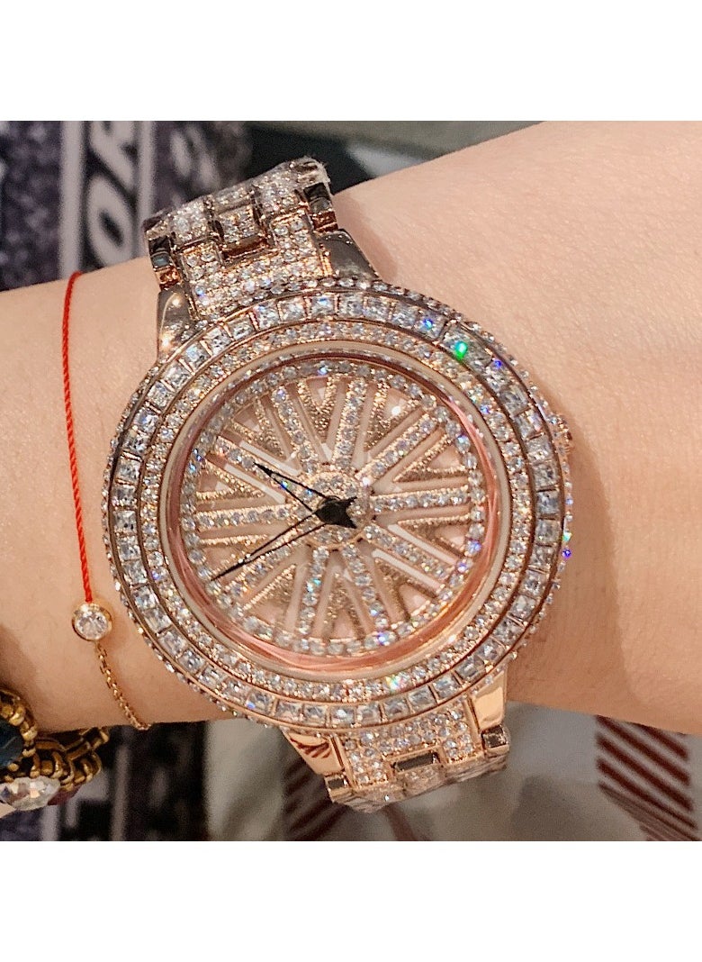 AROAQ - Rotating Women Steel Band Watch, Hand Set With Diamonds Bright and Light Luxury  Personalized Full Diamond Watch - Image 1