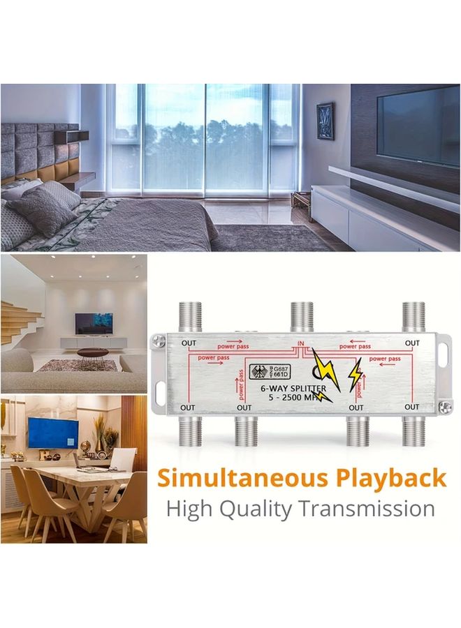Heavy Duty 6 Way Coaxial Cable Splitter RG6 Compatible Silvery Color For Satellite Cable TV Internet - Image 5