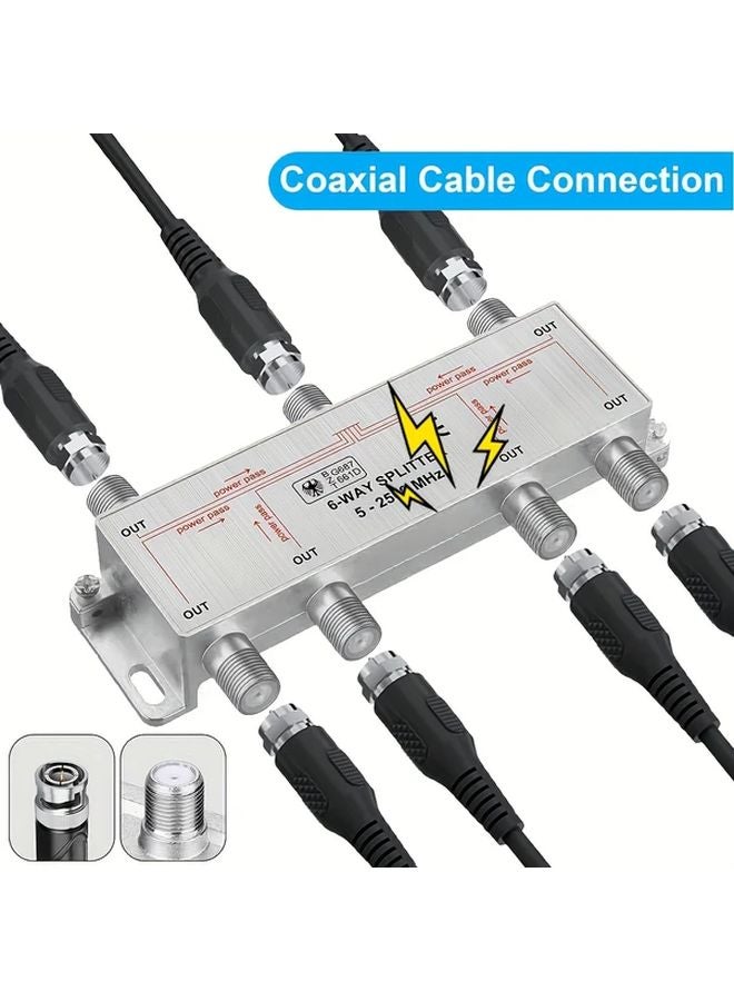 Heavy Duty 6 Way Coaxial Cable Splitter RG6 Compatible Silvery Color For Satellite Cable TV Internet - Image 2