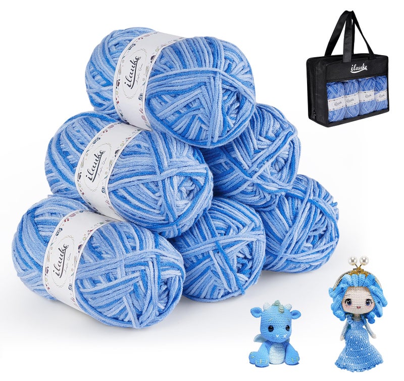 ilauke Wool Yarn for Crochet 6 x 50g Wool Packs for Knitting 4ply Acrylic Yarn Set for DIY Craft Projects Blankets Clothes Double Knitting Yarn with a Carrying Bag Blue