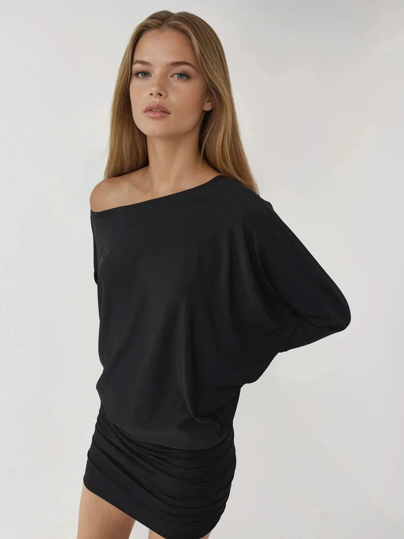 Busem Black BUSEM Asymmetrical Collar Fitted Mini Dress for Women | Best Price UAE