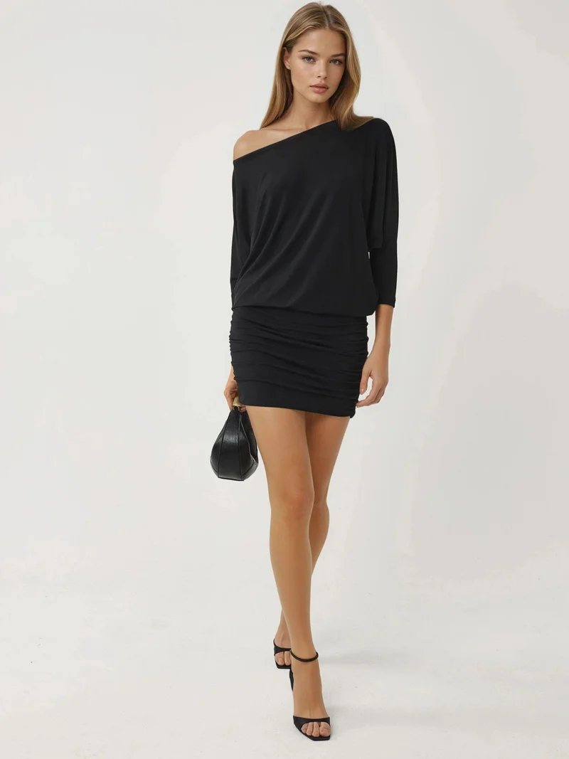 Busem Black BUSEM Asymmetrical Collar Fitted Mini Dress for Women | Best Price UAE