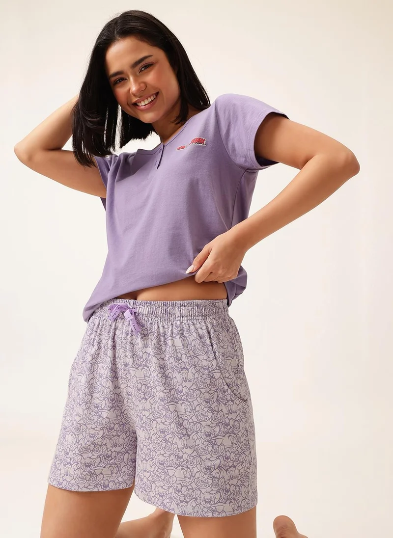 كلوفيا Clovia Tom & Jerry Print T-shirt & Shorts in Lavender Colour Set - 100% Cotton