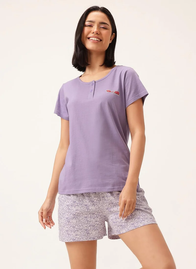 كلوفيا Clovia Tom & Jerry Print T-shirt & Shorts in Lavender Colour Set - 100% Cotton