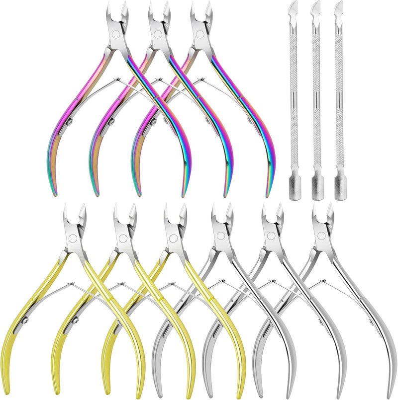 Petutu 12Pack Cuticle Trimmer - Stainless Steel Nail Cuticle Nipper With Pusher - Manicure & Pedicure Tools for Finger & Toenails - Gold, Rainbow, Silver