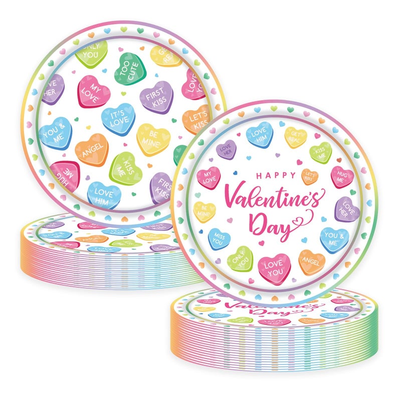 LYFREE 50 Pcs Valentines Day Paper Plates Party Supplies Colorful Conversation Heart Love Paper Plates 7 inch Disposable Cake Dessert Plates Tableware Set for Valentine's Day Anniversary Party Table Decor - Image 1