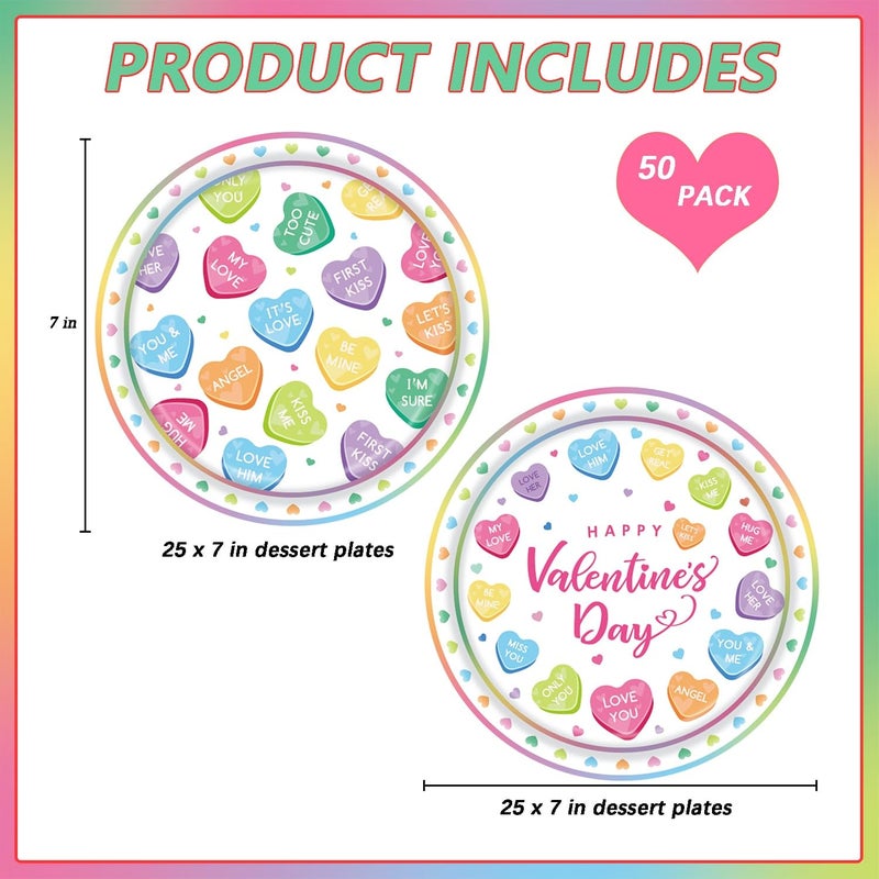 LYFREE 50 Pcs Valentines Day Paper Plates Party Supplies Colorful Conversation Heart Love Paper Plates 7 inch Disposable Cake Dessert Plates Tableware Set for Valentine's Day Anniversary Party Table Decor - Image 2
