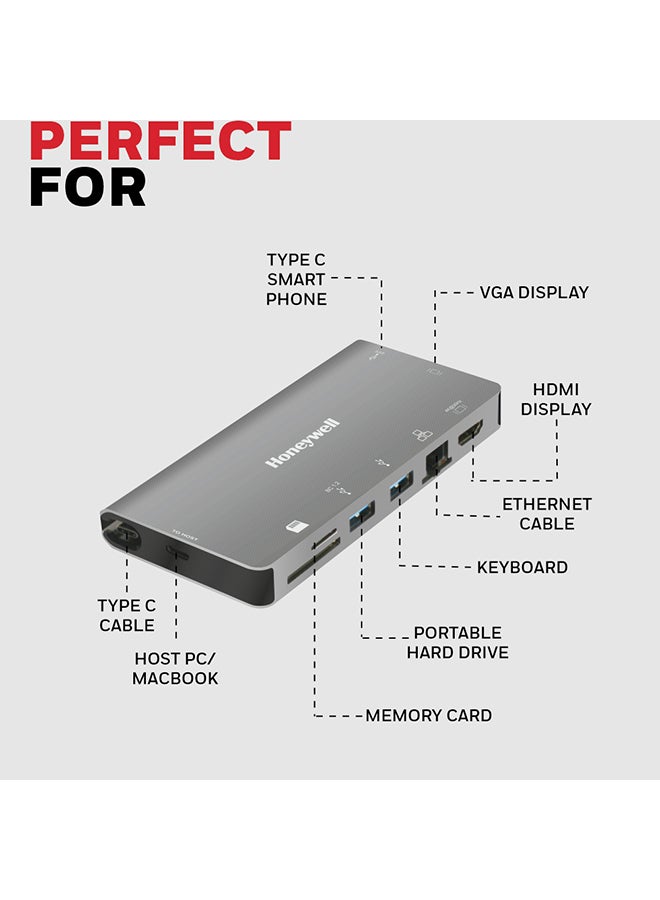 Honeywell 8-in-1 Type C Ultra Dock With 4K HDMI, VGA, RJ45 Ethernet, 2xUSB 3.0 And Type C 3.0 Port, SD And Micro SD Slot, Compatible With Laptop, PC, Dell, HP Macbook Grey - Image 3