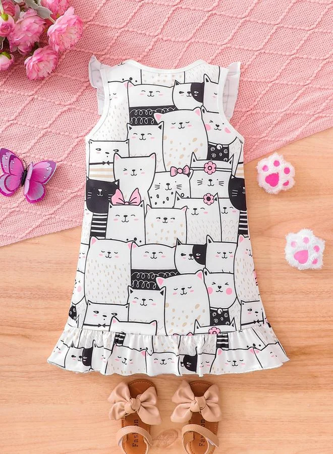 Take Two Girls Graphic Print Sleeveless Ruffle Hem Dress