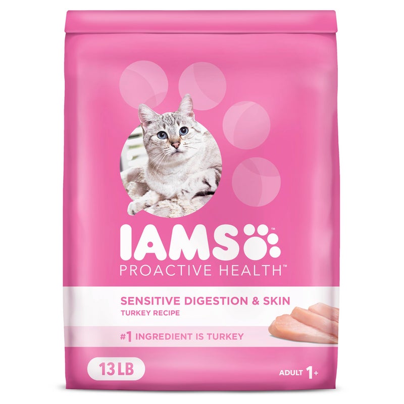 IAMS Proactive Health Adult Sensitive Digestion & Skin Dry Cat Food with Turkey, 13 lb. Bag - Image 1