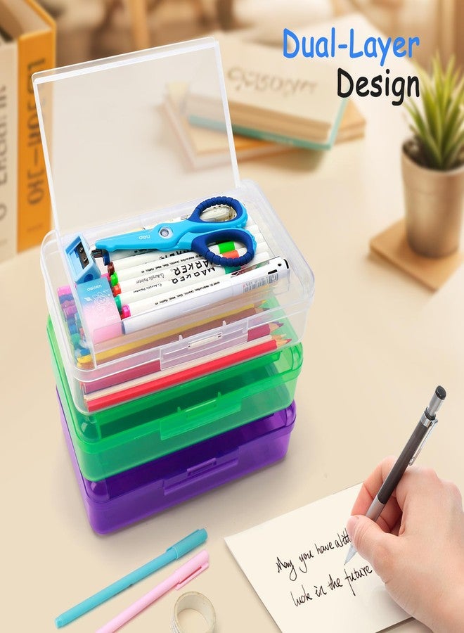 Nuozme Double Layer Large Capacity Pencil Box,Plastic Translucent Pencil Box, Hard Pencil Cases with Snap-Tight Lid for Pens, Pencils, School Supplies,Office Supplies, Medium-sized,1 Pack - Image 2