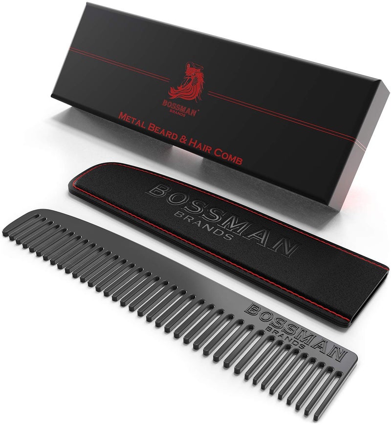Bossman Metal Grooming Comb for Men - Mustache and Beard Styling Tool with Leather Pocket Case (Black) - Image 1