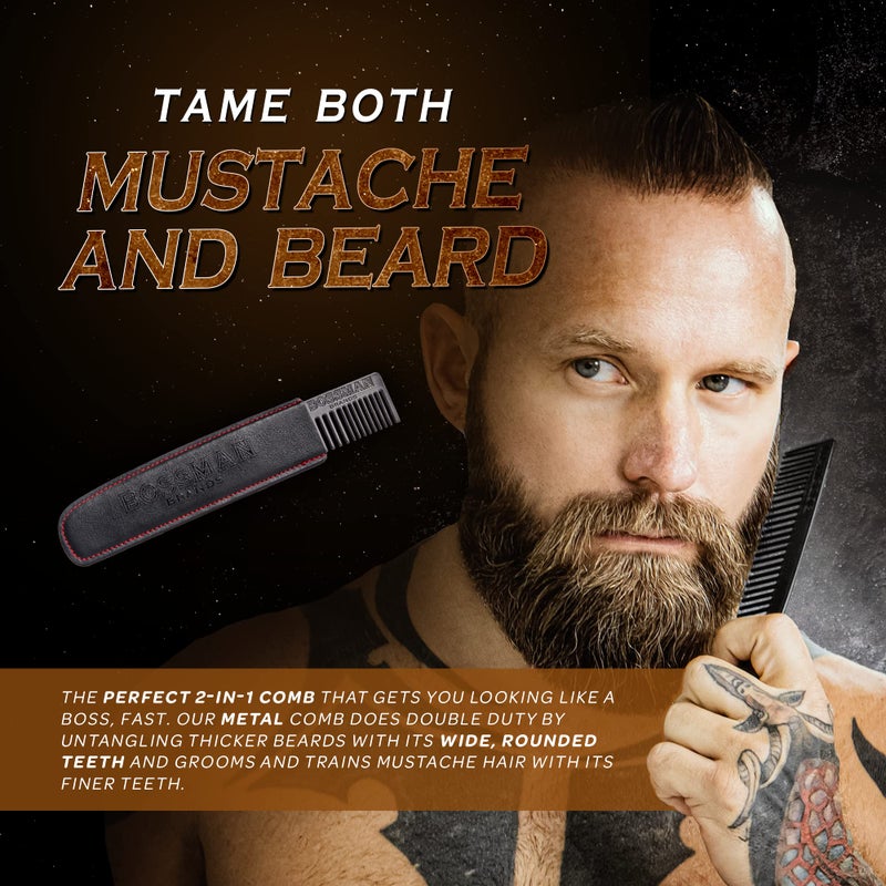 Bossman Metal Grooming Comb for Men - Mustache and Beard Styling Tool with Leather Pocket Case (Black) - Image 3