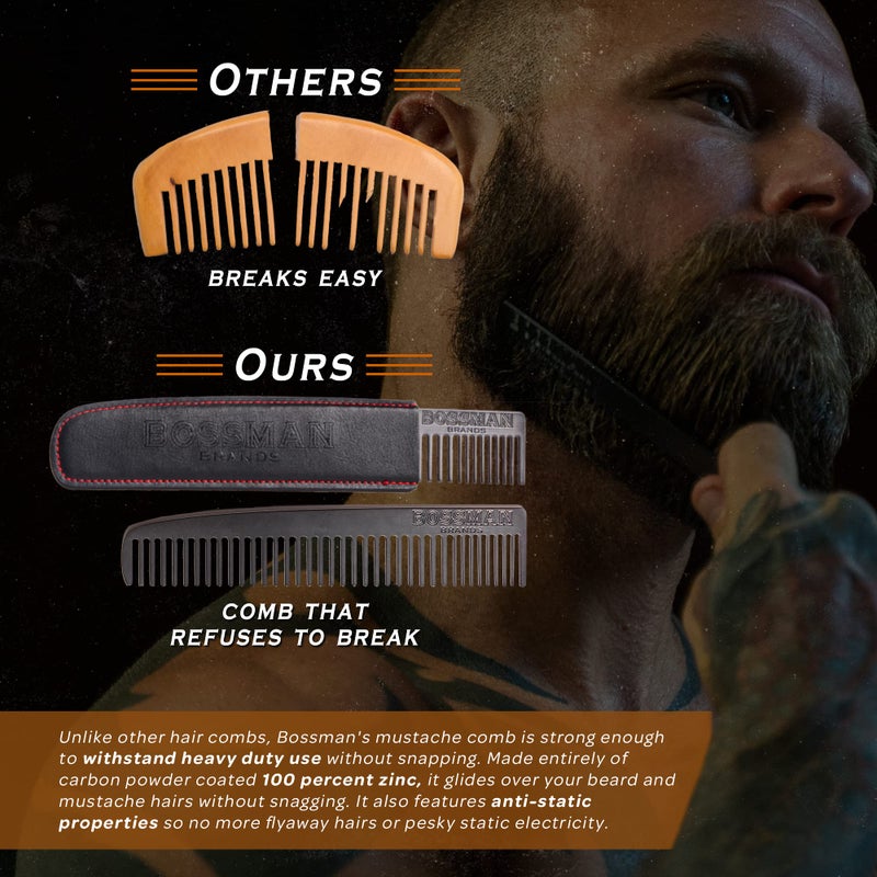 Bossman Metal Grooming Comb for Men - Mustache and Beard Styling Tool with Leather Pocket Case (Black) - Image 4