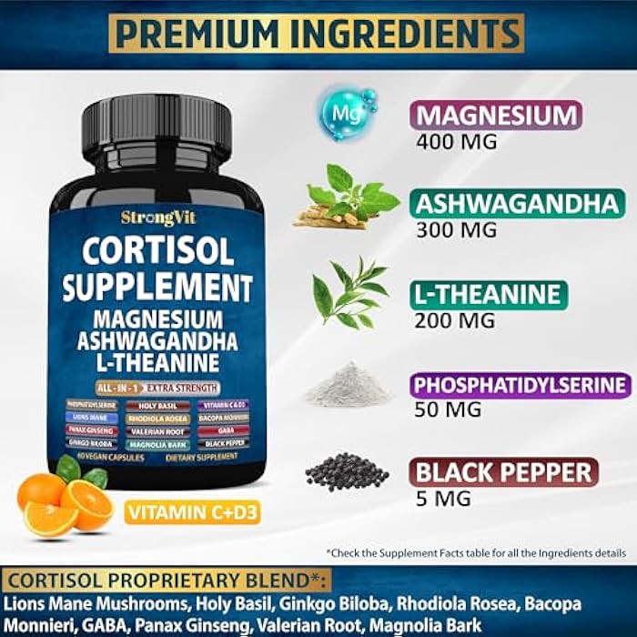 StrongVit مكملات سترونغ فيت للكورتيزول للنساء والرجال مع المغنيسيوم، الأشواغاندا و L-ثيانين. خافض قوي للكورتيزول، مدير، ديتوكس، خفض وتحكم. دعم النوم وتخفيف التوتر، الولايات المتحدة. - Image 2