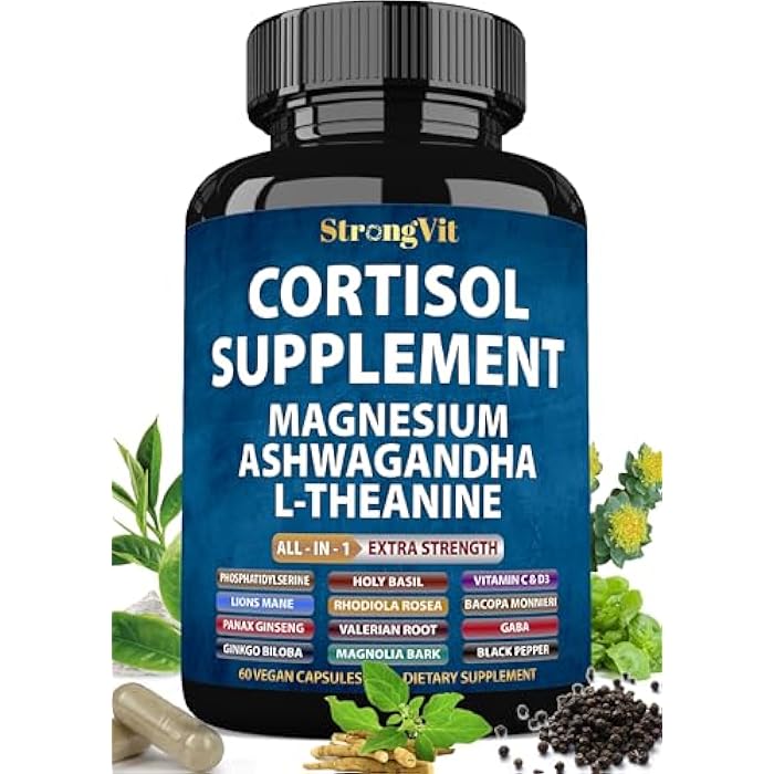 StrongVit مكملات سترونغ فيت للكورتيزول للنساء والرجال مع المغنيسيوم، الأشواغاندا و L-ثيانين. خافض قوي للكورتيزول، مدير، ديتوكس، خفض وتحكم. دعم النوم وتخفيف التوتر، الولايات المتحدة. - Image 1