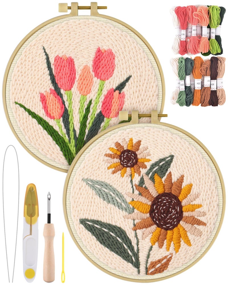 ERKOON Punch Needle Kit Adults Beginners, 2 Pcs DIY Easy Flower Embroidery Set for Starter Art Craft, Needling Punching Project with Patterns, Tools, Yarns, Hoop, Instruction (Sunflowers & Tulips) - Image 1