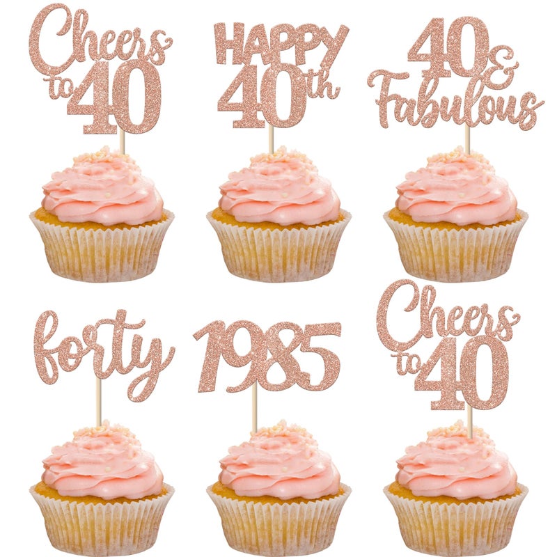Rsstarxi 30 Pack Happy 40th Birthday Cupcake Toppers Rose Gold Glitter Forty Since 1985 Cheers to 40 Years Old Birthday Cupcake Picks for Happy 40th Anniversary Birthday Party Cake Decorations - Image 1