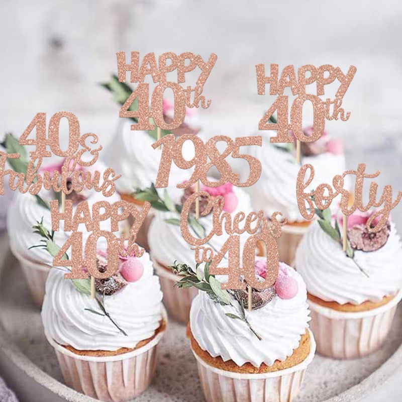 Rsstarxi 30 Pack Happy 40th Birthday Cupcake Toppers Rose Gold Glitter Forty Since 1985 Cheers to 40 Years Old Birthday Cupcake Picks for Happy 40th Anniversary Birthday Party Cake Decorations - Image 3