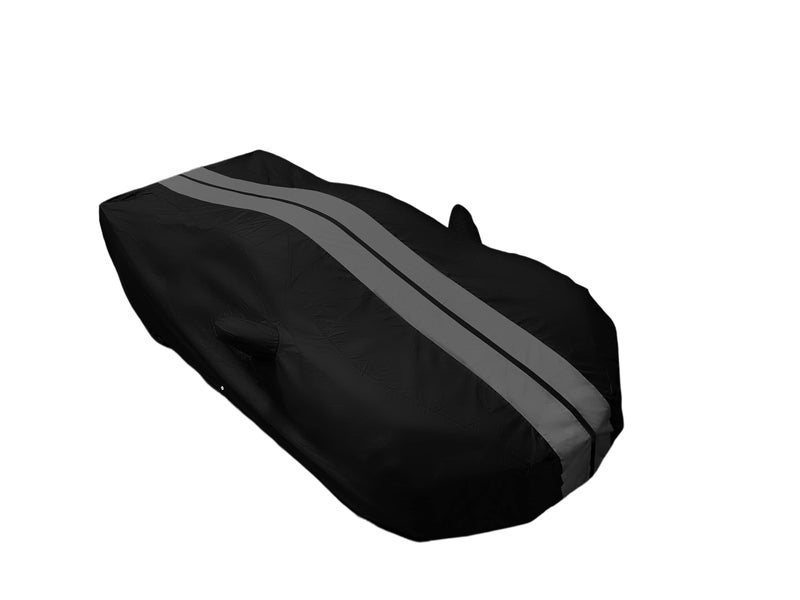 SR1 Performance C8 Corvette Ultraguard Plus All Weather Car Cover - Indoor/Outdoor Protection Water Resistant 300 Denier - Custom Fit for 2020-2025 Stingray, Z51, Z06, E-Ray Corvettes (Black with Gray Stripes) - Image 1