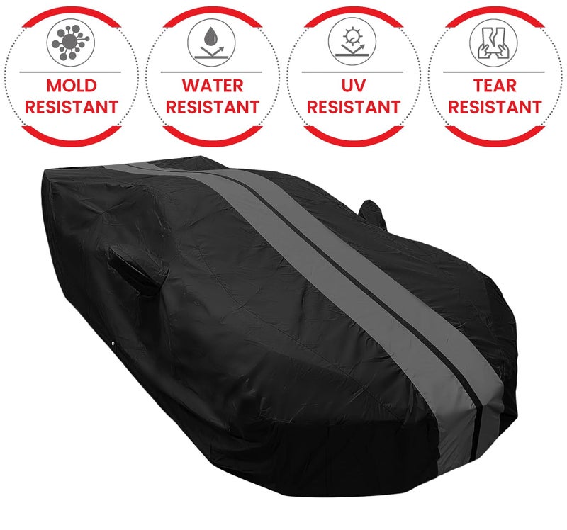SR1 Performance C8 Corvette Ultraguard Plus All Weather Car Cover - Indoor/Outdoor Protection Water Resistant 300 Denier - Custom Fit for 2020-2025 Stingray, Z51, Z06, E-Ray Corvettes (Black with Gray Stripes) - Image 2