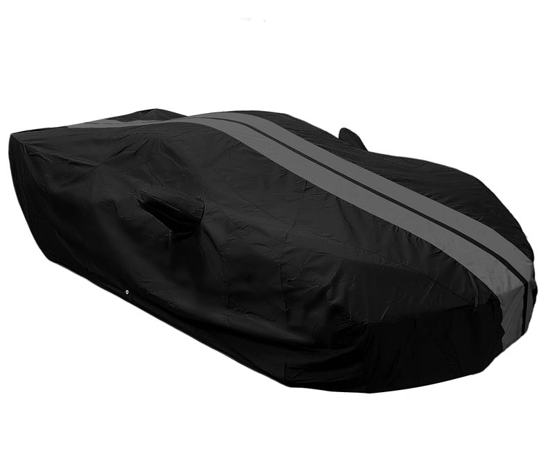 SR1 Performance C8 Corvette Ultraguard Plus All Weather Car Cover - Indoor/Outdoor Protection Water Resistant 300 Denier - Custom Fit for 2020-2025 Stingray, Z51, Z06, E-Ray Corvettes (Black with Gray Stripes) - Image 5