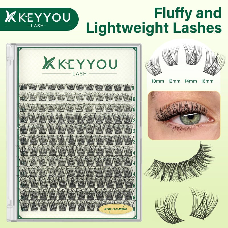 KEYYOULASH Lash Clusters Natural Wispy 144pcs Eyelash Clusters D Curl Thin Band Lashes Clusters for Beginner DIY Fluffy Eyelash Extensions at Home(KY02-8-18MIX) - Image 3