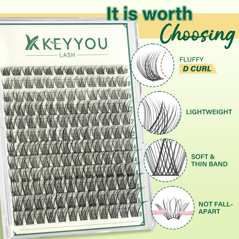 KEYYOULASH Lash Clusters Natural Wispy 144pcs Eyelash Clusters D Curl Thin Band Lashes Clusters for Beginner DIY Fluffy Eyelash Extensions at Home(KY02-8-18MIX) - Image 5