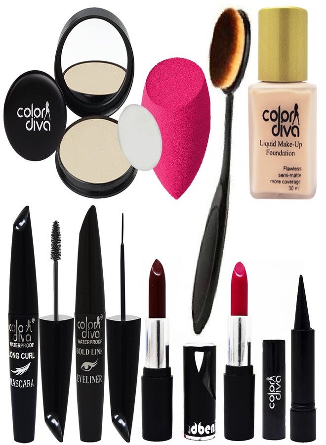 Color Diva Combo Pack of 9 | Foundation,Compact Powder, Eye-Liner, Mascara, Lipstick, Makeup-Brush, Kajal, Beauty-Blender | Complete Set of Makeup Kit With All Products For All Types Of Skin - Image 1