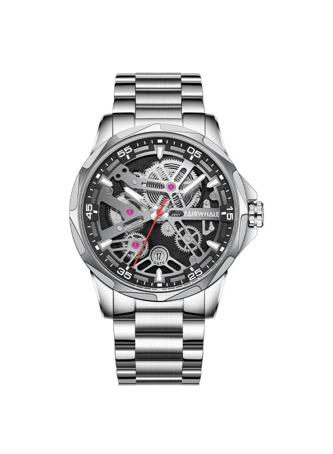 Mark Fairwhale Men's Fashion Automatic Mechanical Watch - Water Resistant, Silver Case, Black Dial & Steel Bracelet - Image 1