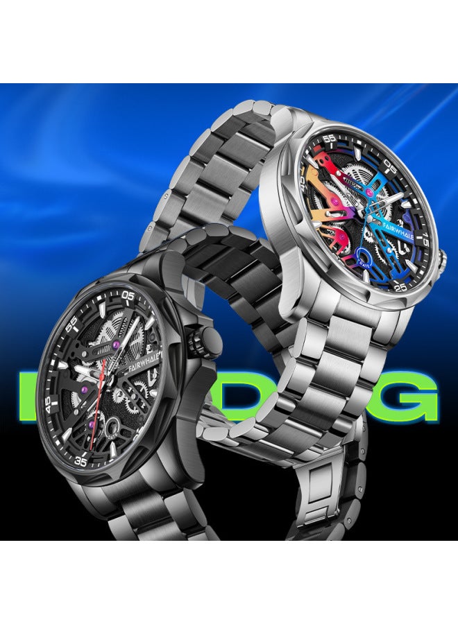 Mark Fairwhale Men's Fashion Automatic Mechanical Watch - Water Resistant, Silver Case, Black Dial & Steel Bracelet - Image 2