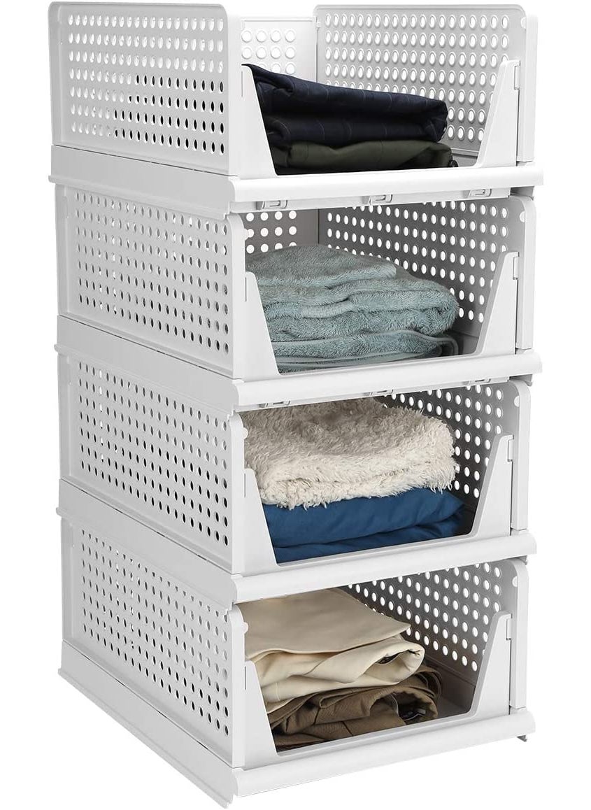 Inditradition Inditradition HeavyDuty Plastic Folding Wardrobe Shelves Stackable Wardrobe Organizer Basket Pack of 2 White  - Image 4