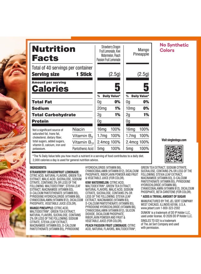 Dunkin' - Refreshers Green Tea Drink Mix Variety Pack Zero Sugar (80mg Caffeine) - 40 Powder Packets - Image 2