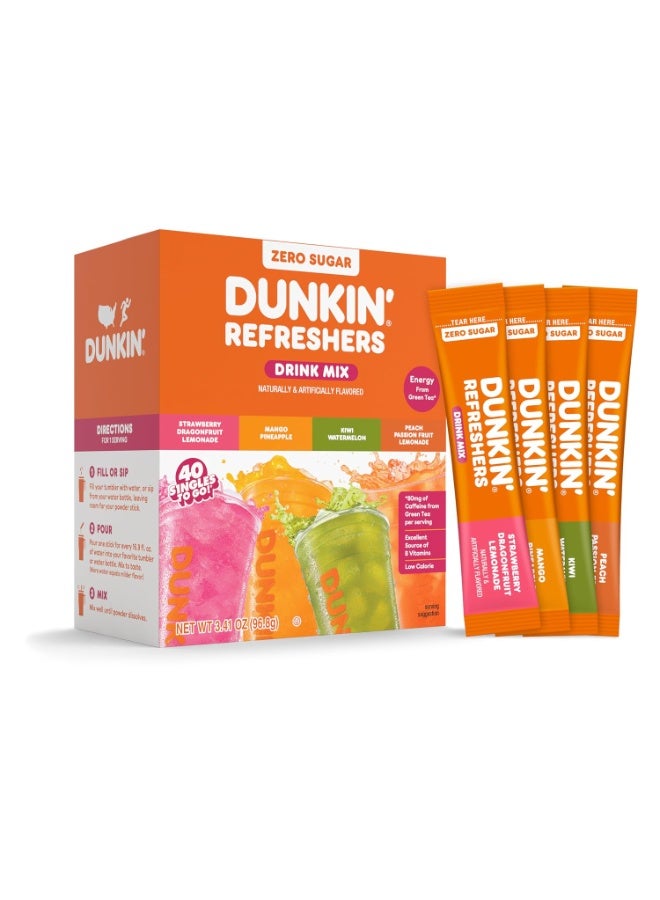 Dunkin' - Refreshers Green Tea Drink Mix Variety Pack Zero Sugar (80mg Caffeine) - 40 Powder Packets - Image 1
