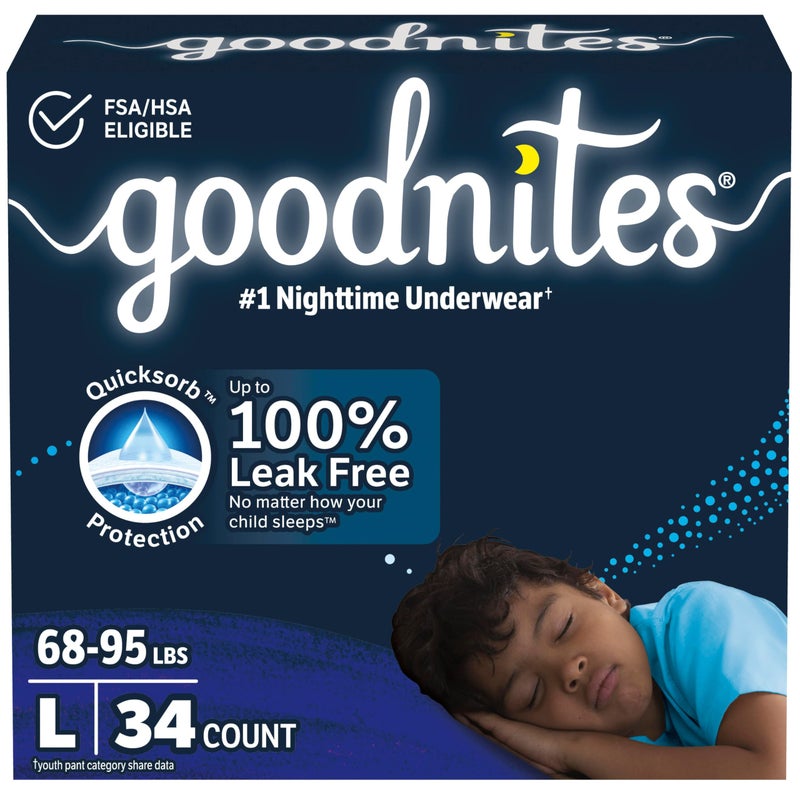 GoodNites سراويل نوم للأطفال من جودنايتس، حجم كبير (68-95 رطل)، 34 قطعة (عبوتان من 17)، قد يختلف التغليف - Image 1